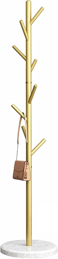 Freestanding Coat Rack with Natural Marble Base, 7 Heavy-Duty Hooks, Adjustable Height for Bedroom/Office/Hallway (Gold)