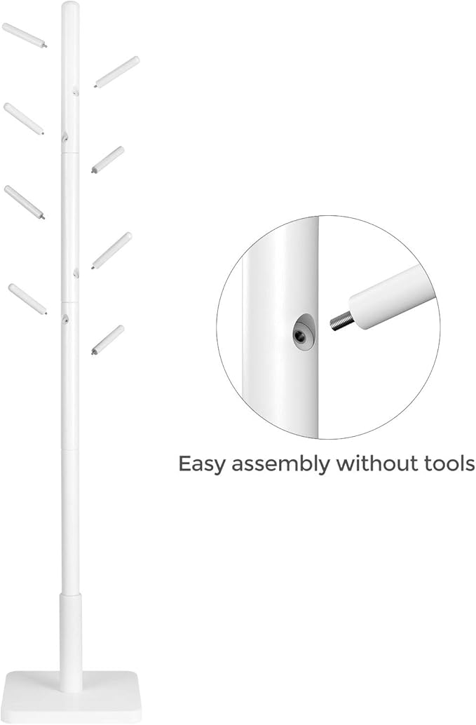 VASAGLE Solid Wood Coat Rack, Free Standing Hall Coat Tree with 8 Hooks, 3 Height Options, for Coats, Hats, Bags, Purses, for Entryway, Hallway, Rubberwood Hooks and Pole, Cloud White URCR010W02