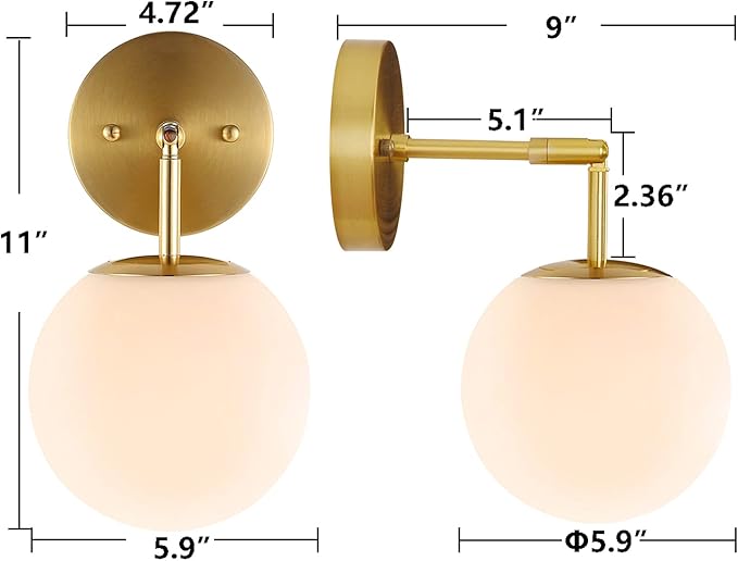 Modern Wall Sconce Industrial Mid Century Bathroom Vanity Wall Light with White Globe Glass Lampshade Brushed Brass Finished Lighting Fixture (Gold Color)