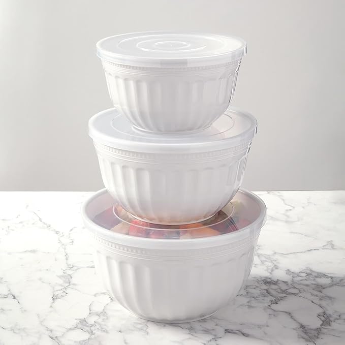Classic Ceramic-Look Storage Bowls: 6-Pc. Set, Lightweight Plastic with Clear-View Lids. Thick, Sturdy Design. BPA-Free, Dishwasher Safe. Nest for Compact Storage. By Chef's PrideTM