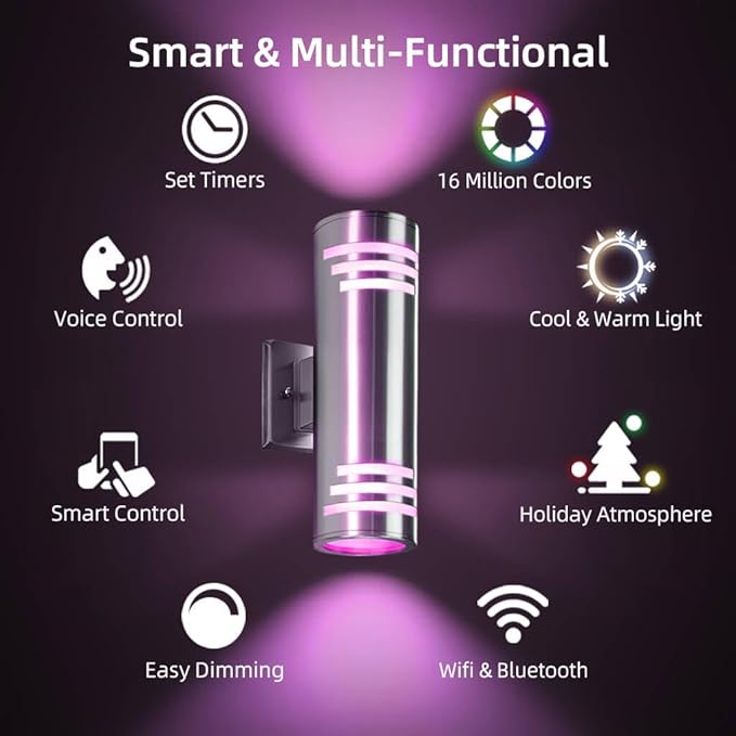 SHIMR Smart Outdoor Wall Lights RGBCW, Modern Color Changing Outdoor Sconce Cylinder Stainless Steel Exterior Light Fixture with Remote, Up and Down Outside Lights for House Home Theater Lighting