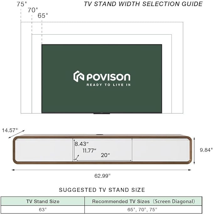 POVISON Fully-Assembled 63" Minimalist Floating TV Stand with LED Lights, Modern Wall-Mounted Media Console with 3 Flip-Down Cabinet Doors for 55 Inch TV