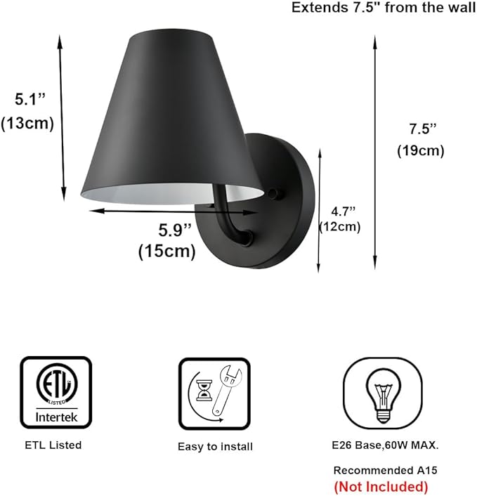 DIRYZON Wall Light for Living Room Bedroom,Industrial Black Wall Sconce Light,Metal Barn Wall Mounted Light,Dimmable Indoor Wall Lighting Fixture