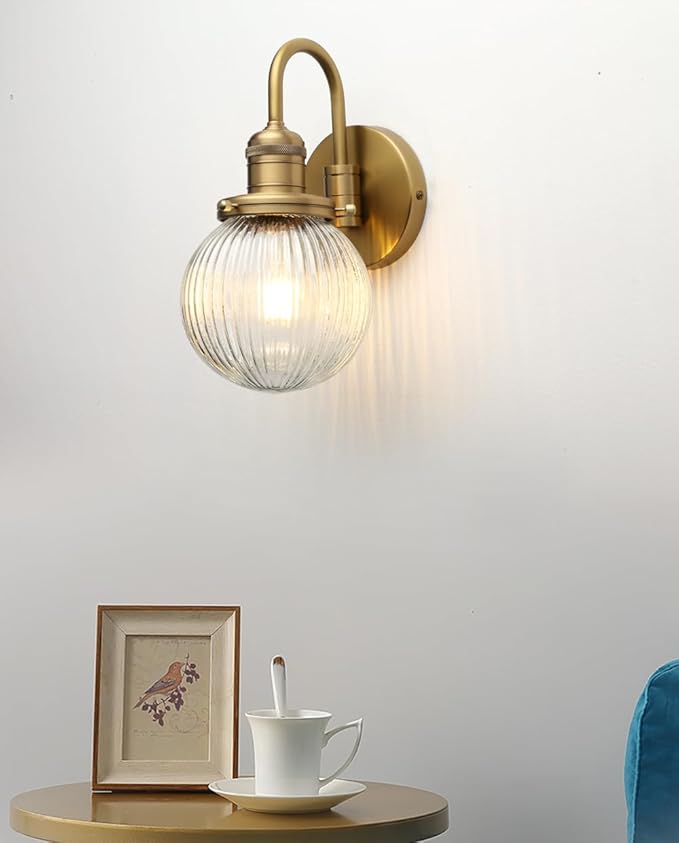 Industrial Vintage Gooseneck 1-Light Wall Sconce with 5.9" Round Ribbed Clear Glass Globe Lampshade Indoor Wall Mounted Lamp Fixture for Bedroom Living Room Bathroom Vanity