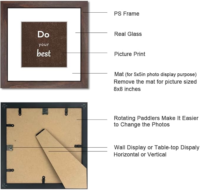 8x8 Picture Frame Set of 3 with Real Glass for Pictures 5x5 with Mat or 8x8 Without Mat, Wall Mounting or Tabletop display Photo Frames in Walnut