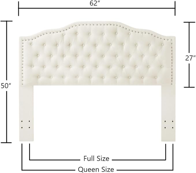 24KF Upholstered Button Tufted Queen Headboard with Nailhead Trim, Elegant Boucle Fabric Full headboard, 6031-Q-Boucle-Ivory