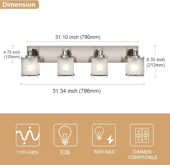 4-Lights Bathroom Light Fixtures Over Mirror, Brushed Nickel Vanity Wall Mounted Lighting with Frosted Glass for Kitchen Living Room, E26 Bulb Base