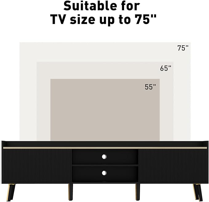 Bonzy Home 70'' Fluted TV Stand Modern Entertainment Center with Sliding Doors & Storage for up to 75'' TV, Media TV Console for Living Room & Bedroom, Black