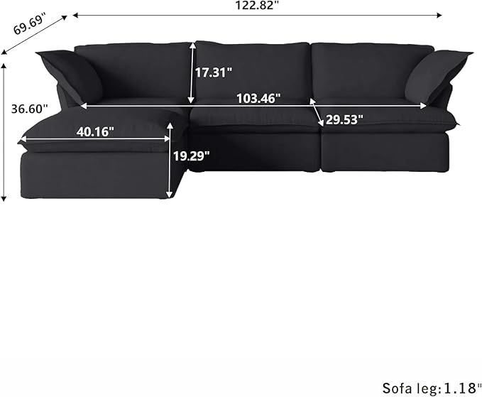 JACH L Shape Sectional Couches, Sectional Sofa with Chaise Ottoman, Deep 3-Seats Modular Sectional Sofa, Cushion Covers Removable, Two Corners and A Middle Sofa for Living Room, Black, 120-2345
