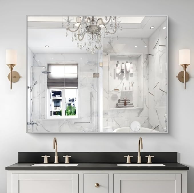 40x48inch Silver Bathroom Mirror, Silver Rectangle Mirror with Frame, Large Rectangular Wall Mirrors for Bathroom, Living Room, Hair Salon, Big Farmhouse Mirror Hang Horizontal/Vertical