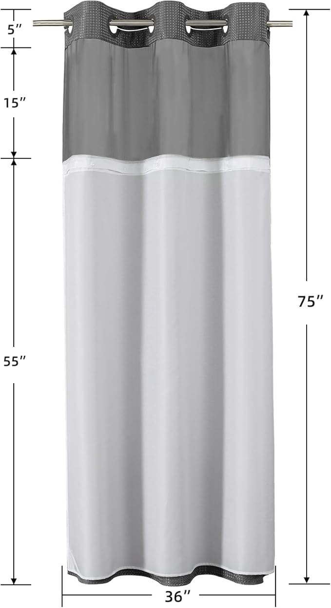 Colorful Star Small Stall Waffle Weave Shower Curtains, 256GSM Heavy Duty Shower Curtain with Snap in Fabric Liner, Hotel Style No Hook Waterproof Bathroom Curtain Set, 36 x 75 Inch, Charcoal Grey