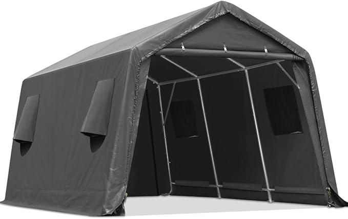 ADVANCE OUTDOOR 10x15 ft Shelter Storage Shed Steel Metal Peak Roof Portable Garage Carport for Motorcycle, Boat or Garden Tools with 2 Roll up Doors & Vents, Gray