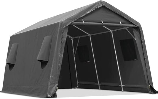 ADVANCE OUTDOOR 10x15 ft Shelter Storage Shed Steel Metal Peak Roof Portable Garage Carport for Motorcycle, Boat or Garden Tools with 2 Roll up Doors & Vents, Gray