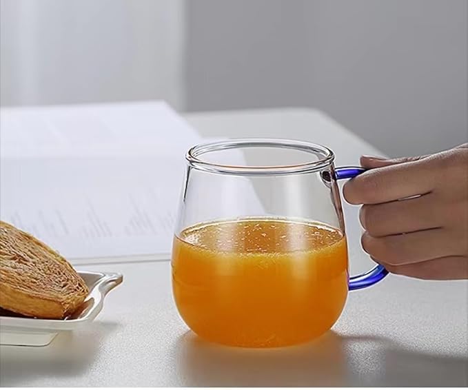Clear Glass Mug with Handle, Blue Handle/16 oz, high borosilicate glass mug for large glass coffee cups with handles, beverage mugs with handles, or as a gift!…