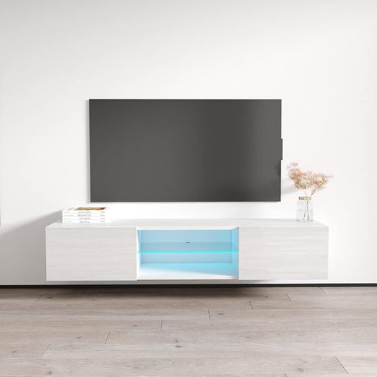 Meble Furniture Fly Type-33 Floating TV Stand - Rectangular Shape Modern High Gloss TV Stand with Storage Cabinets & Led Lights - Media Entertainment Center Console Table for TV Up to 70" - White