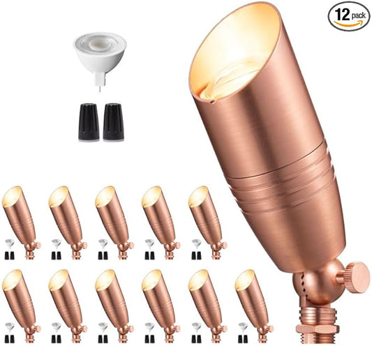 Die-Cast Brass Spot Light Outdoor - 12V LED Uplighting Waterproof, Low Voltage Landscape Lights Direct Wire, Copper for Fence Fountain with Warm White MR16 Replaceable Bulbs (12 Pack)