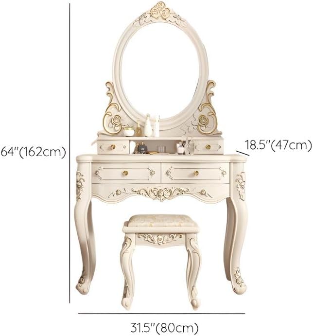 CraftThink Modern Makeup Vanity Set, Bedroom Makeup Vanity Desk Wood Vanity Dressing Table for Bedroom, Makeup Vanity & Mirror & Stools Oval 31" L x 19" W x 64" H