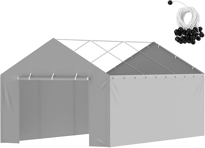 VEVOR Carport Replacement Canopy Cover Side Wall 12 x 20 ft, Garage Tent Shelter Tarp Heavy-Duty Waterproof & UV Protected, Easy Installation with Ball Bungees,Grey (Top and Frame Not Included)