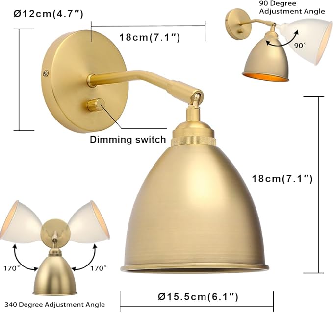 Yosoan Vintage Wall Sconce Bookcase Light, 1-Light Dimmable On Off Switch Hardwired Industrial Mount Metal Fixture Lighting Lamp with 6.1" Oval Antique Metal Shade in-Build Gold Reading Light for Bed