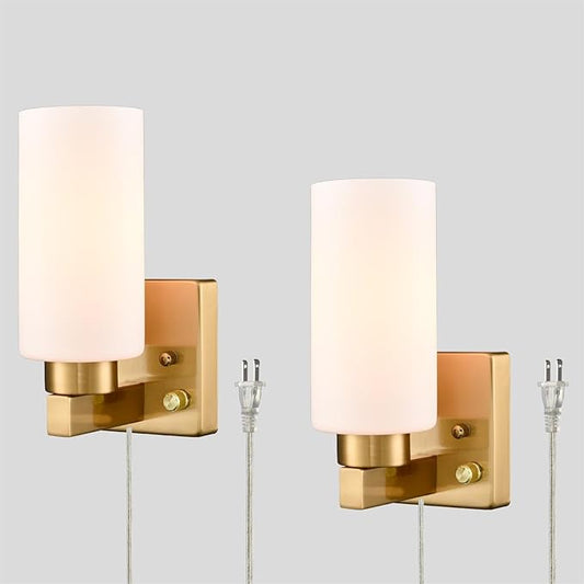 Modern Plug in Wall Sconce with Cord Brass Bathroom Vanity Light with Milky White Cylinder Glass Shade Set of 2