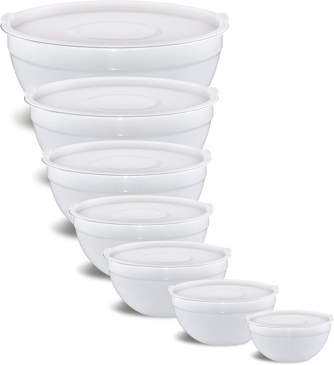 White Mixing Bowls With Airtight Lids,Stainless Steel Bowl,Salad Bowls 7 Piece Colorful Nesting Bowl White Kitchen Accessories,Size 7,3.6,2.7,2.1,1.5,1.1,0.8QT Stackable Design