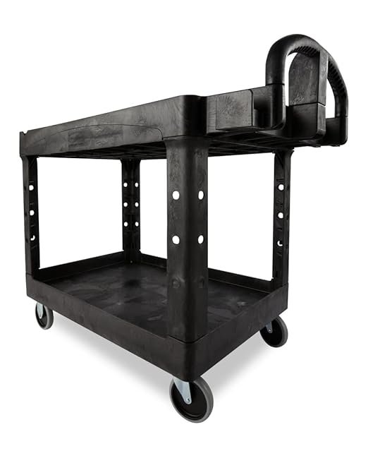 Rubbermaid Commercial Products BRUTE Heavy Duty 2-Shelf Utility/Service Cart, Medium, Lipped Shelves, Ergonomic Handle, 750 lb Capacity, Black, for Warehouse/Garage/Cleaning/Office