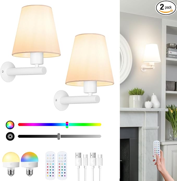 Battery Operated Wall Sconces Set of Two, White Wireless Sconces Set of 2 with Remote, 12RGB Color Rechargeable Cordless Sconces Wall Lighting, Wall amp with Retachable Bulb for Bedroom Living Room