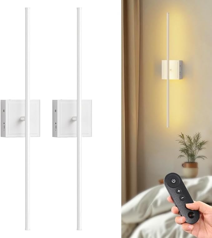 DORESshop Battery Operated Wall Sconces Set of Two with Remote Control, Rechargeable Wall Sconce, 350°Rotate Dimmable Wireless Wall Sconce for Living Room, Hallway, Bedroom, 28.1 Inch, White(2 Pack)