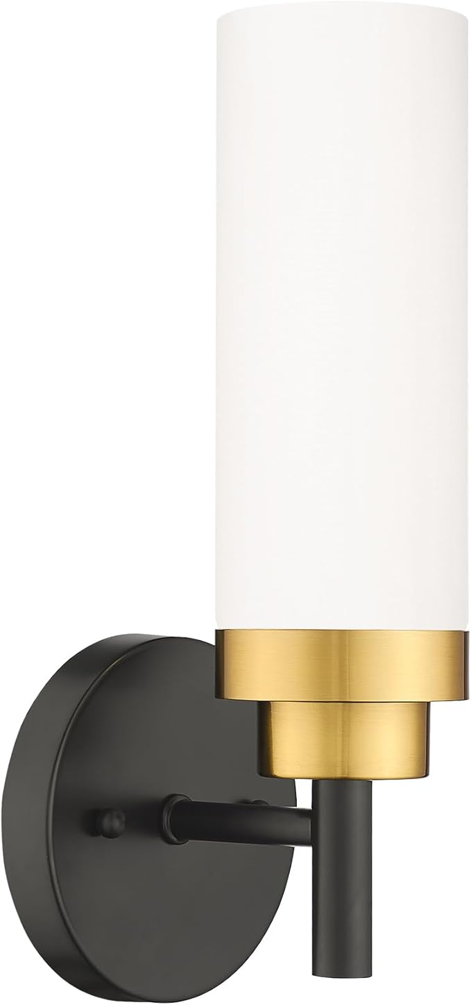 Emak Modern Wall Sconce, Black and Gold Bathroom Light Fixtures with Milk Glass Shade, Sconces Wall Lighting for Bathroom, Bedroom, Living Room, Hallway, WS085-BKBGD-ML