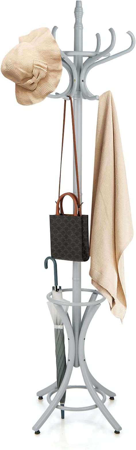 Tangkula 75.5" Standing Coat Rack, Wood Coat Tree with 12 Hooks, Home Hat Jacket Hanger Tree 12 with Umbrella Holder Coat Stand (Grey)