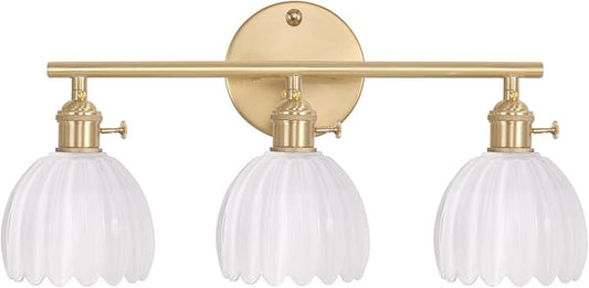 Bathroom Light Fixtures, 3-Light Brass Vanity Wall Light Over Mirror with White Tulip Glass Shade for Bedroom Living Room