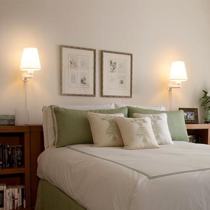 White Plug in Wall Sconces Set of Two, Wall Lamp with Plug in Cord On/Off Switch, White Bedroom Sconces Set of 2 Plug in, Bedside Wall Mounted Light with Fabric Linen,Wall Decor for Living Room