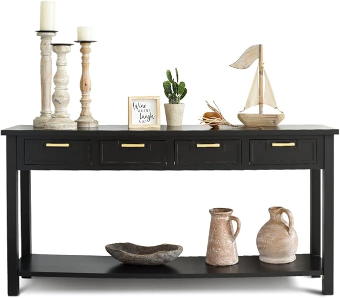 Console Table for Entryway, 60 Inch Sofa Table w/4 Drawers and Bottom Shelf Narrow Long Hallway Table for Living Room Entryway Home, Black