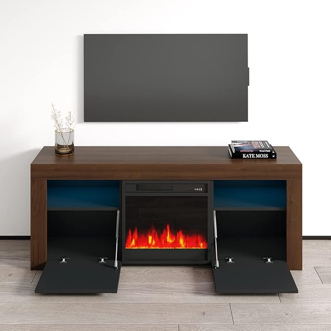 Meble Furniture Modern Rectangular TV Stand with Storage Cabinets & Electric Fireplace - Fits TVs Up to 65" - Walnut/Black