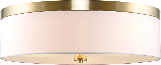 Kira Home Walker 20" Large Mid-Century Modern 3-Light Flush Mount Ceiling Light, White Fabric Shade + Round Glass Diffuser, Cool Brass Finish