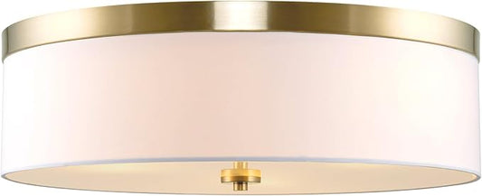 Kira Home Walker 20" Large Mid-Century Modern 3-Light Flush Mount Ceiling Light, White Fabric Shade + Round Glass Diffuser, Cool Brass Finish