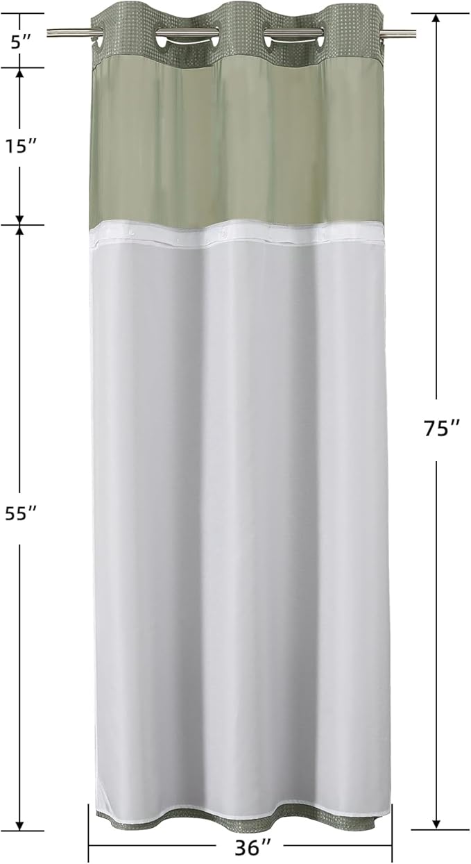 Colorful Star Small Stall Waffle Weave Shower Curtains, 256GSM Heavy Duty Shower Curtain with Snap in Fabric Liner, Hotel Style No Hook Waterproof Bathroom Curtain Set, 36 x 75 Inch, Sage Green