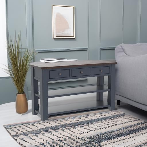 Knocbel Farmhouse Entryway Long Console Table with 3 Storage Drawers and Bottom Open Shelves, Entry Hallway Foyer Sofa Table with Handles, 29.9" H x 48.8" W x 15.8" D (Blue and Brown)