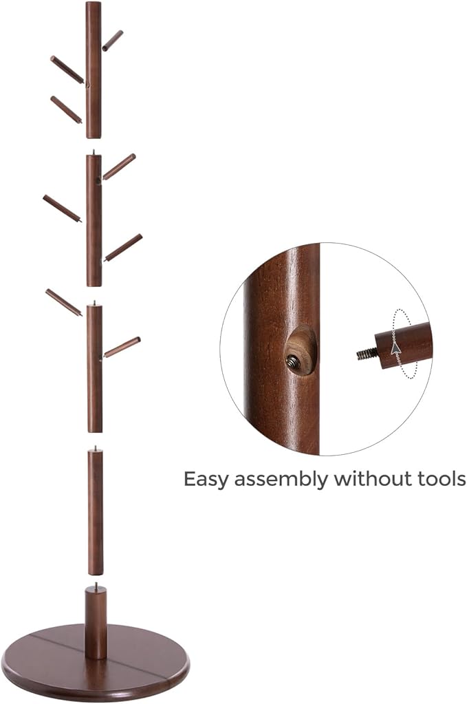 VASAGLE Solid Wood Coat Rack, Free Standing Hall Coat Tree with 8 Hooks, 3 Height Options, for Coats, Hats, Bags, Purses, for Entryway, Hallway, Rubberwood Hooks and Pole, Dark Walnut URCR009W01
