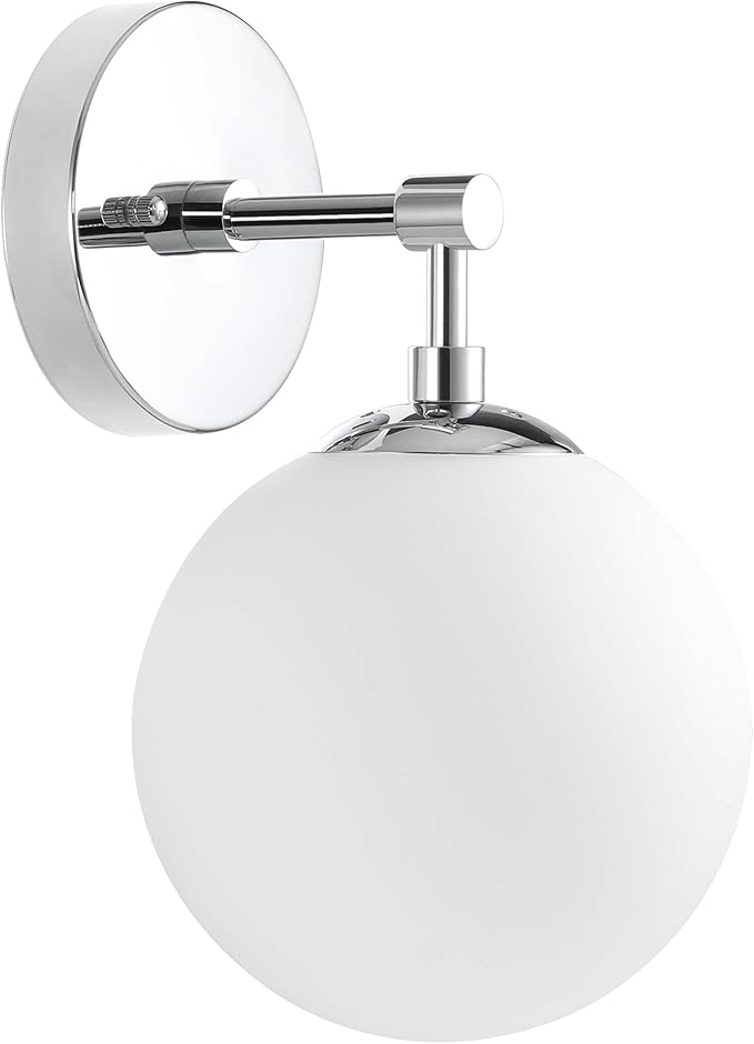 XiNBEi Lighting Globe Wall Sconce Modern 1 Light Chrome Sconce Bathroom Opal Glass Vanity Wall Light Fixture for Bath, Hallway & Bedroom XB-W1211-CH