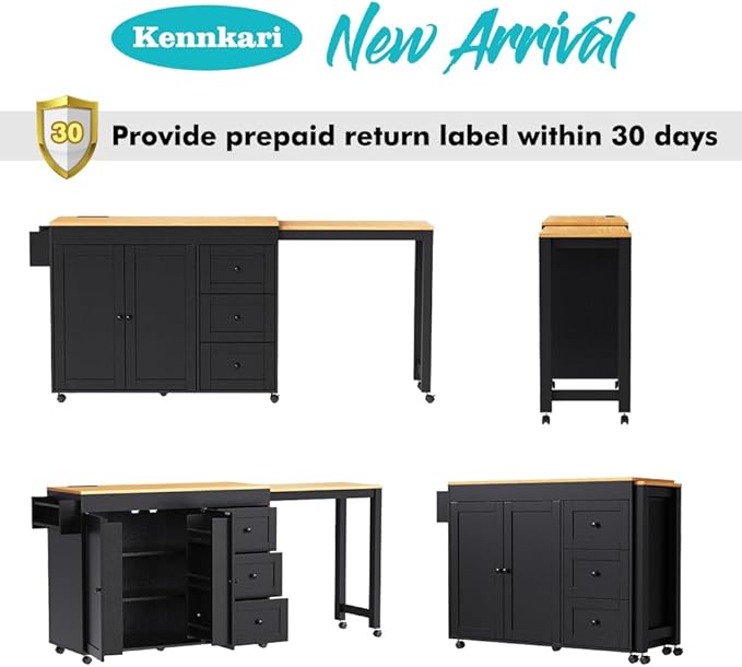 74.8" Rolling Kitchen Island with Extendable Dining Table, Kitchen Storage Cart with 3 Drawers and Power Outlet, Mobile Island Table with Spice Rack and Double-Door Cabinet (Black)