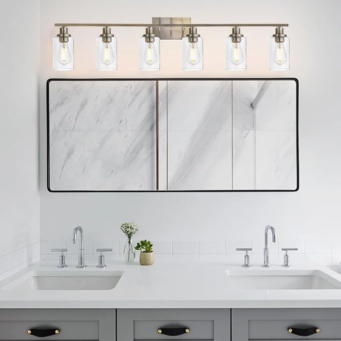 MELUCEE Modern Bathroom Vanity Light Fixtures 6-Light Brushed Nickel Contemporary Wall Light with Glass Shade for Kitchen Living Room Bedroom (Patent No.: US D963914 S)