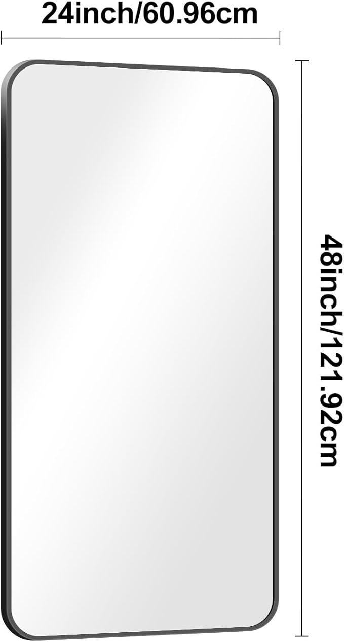 BONEWEI 24x48 inch Bathroom Mirror,Black Rectangle Mirror,Wall Mounted Bathroom Frame Vanity Mirror with Round Corner for Bedroom Living Room, Entryway Hangs Horizontal or Vertical