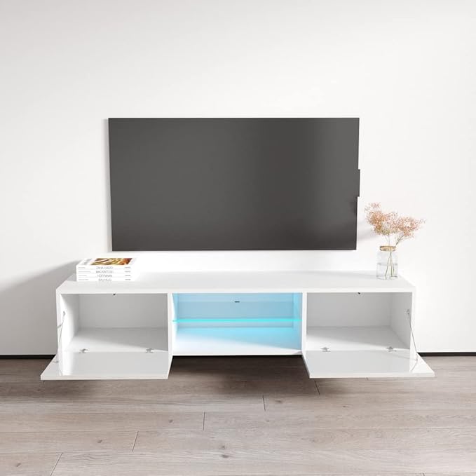Meble Furniture Fly Type-33 Floating TV Stand - Rectangular Shape Modern High Gloss TV Stand with Storage Cabinets & Led Lights - Media Entertainment Center Console Table for TV Up to 70" - White
