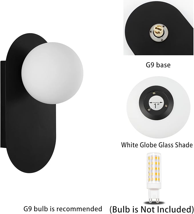 Modern Wall Sconce Set of 2 Matte Black Mid Century Bathroom Vanity Wall Light with White Globe Glass Shade Industrial Wall Lamp Pole Wall Mount Lighting Fixture