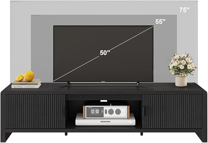 FATORRI TV Stand for 75/65/55 Inch TVs, Mid Century Modern Entertainment Center with Storage, Wooden Television Media Console Cabinet with Fluted-Door for Living Room, Bedroom (63 Inch W, Black)