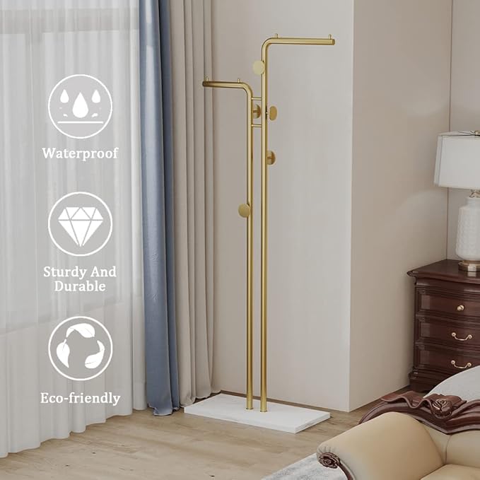 Double-pole Coat Rack Freestanding, Modern Metal Coat Racks Hanger Stand with 5 Hooks and Natural Marble Base, for Bedroom, Office, Hallway, Entryway, Living Room Gold