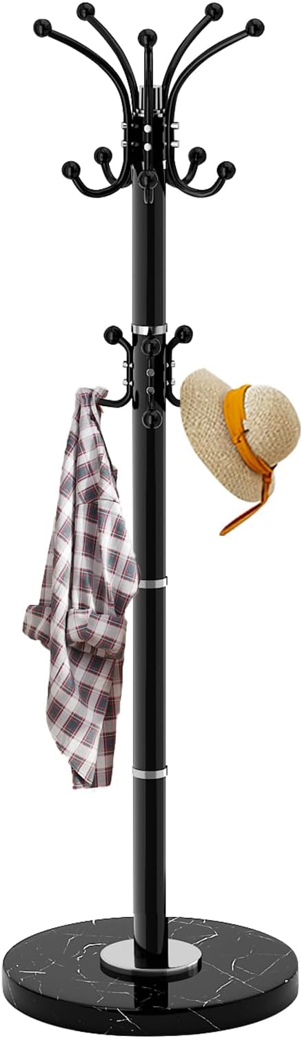 Metal Heavy Duty Coat Rack Stand, Modern Freestanding Coat Rack with Natural Marble Base, 360° Roraty Coat Racks with 16 Hooks, Black Coat Hall Tree Hanger Stand for Entryway, Office
