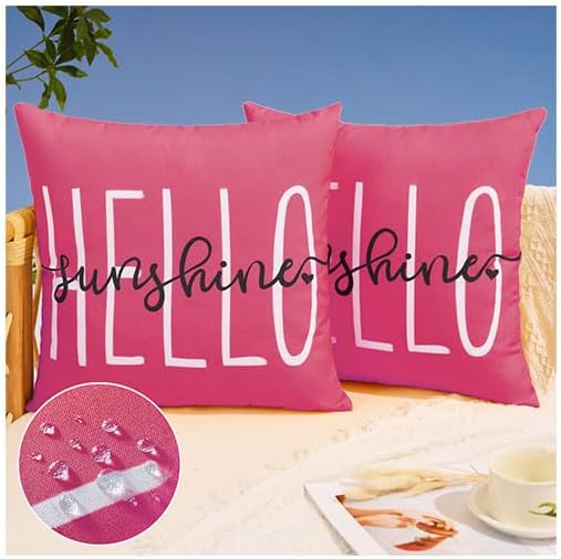 DFXSZ Outdoor Pillow Covers 16x16 Inch Set of 2 Hello Sunshine Decor Hot Pink Waterproof Throw Pillow Covers Summer Outdoor Waterproof Pillow Covers Decor for Patio Funiture Garden Sofa Couch 020H16