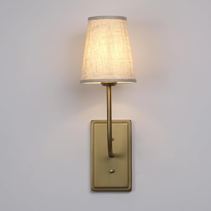 Farmhouse Brass Wall Sconce 1-Light, Linen Fabric Shade Wall Lamp Hardwired Indoor Wall Light for Bedroom Living Room Vanity Bathroom (Linen Cloth 2-Pack)